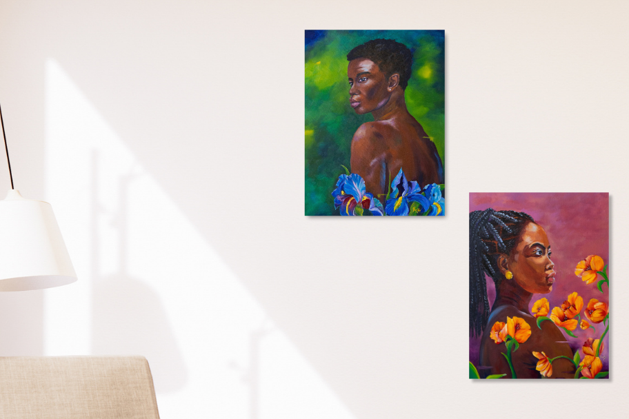 Two paintings of women on a wall with a lamp and chair in the foreground.